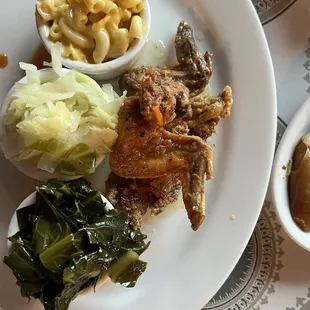 Yammed chicken, Mac n cheese, cabbage and collard greens