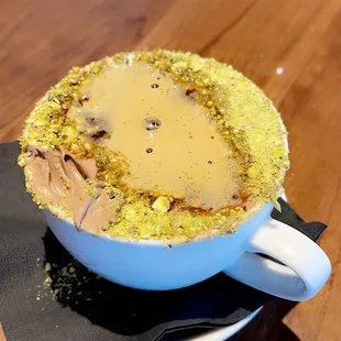 pistachio affogato (chocolate ice cream)