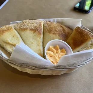 Garlic bread and &quot;cheese&quot; spread.