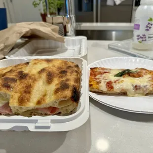 Mortadella panini and cheese pizza