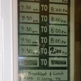 Times as of 11/9/13 M-Sat. Closed Sunday ;(