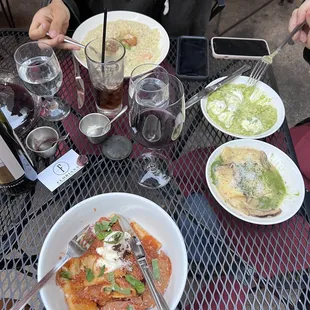 Sunday gravy pasta dish, asparagus risotto, mushroom ravioli, Scallop &amp; Shrimp Risotto