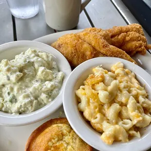 Fried Catfish, potato salad, Mac and cheese, cornbread