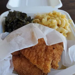 Cajun fried catfish, Mac and cheese with collard greens!