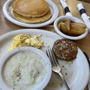 The special (grits, eggs, hotcakes, and turkey sausage) and fried apples.