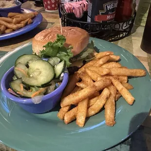 Cheeseburger, Fries, Cucumber Salad