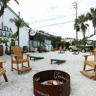 a fire pit and chairs