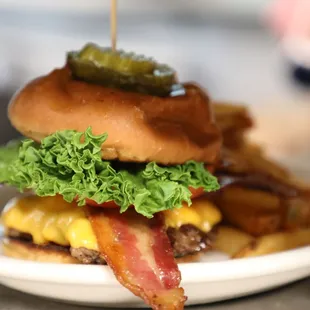 bacon, cheeseburger, and pickle