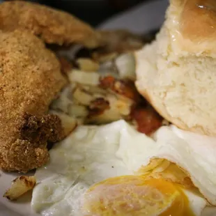 fried chicken, eggs, and biscuits