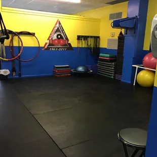 Our x-fit area, complete with stability balls, hula hoops, steps &amp; risers, bosu ball, bands, jump ropes and more!