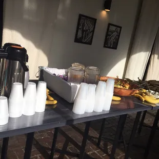 Breakfast station- fruit, bagels, coffee (good quality coffee)