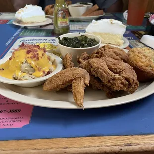 Fried Chicken Lunch Special with Greens and Baked Potatoes Casserole