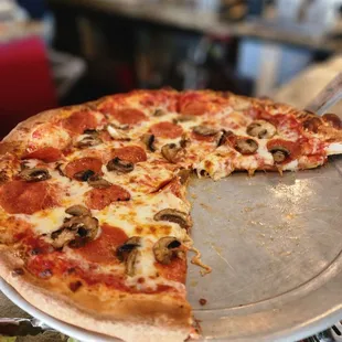 Pizza with pepperoni and mushrooms