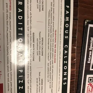 Calzone portion of the menu