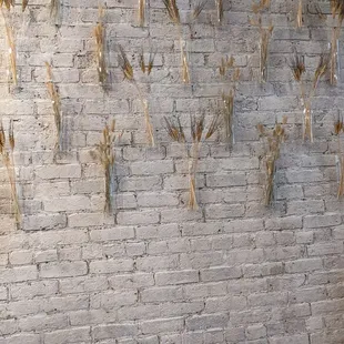 a brick wall with dried plants on it