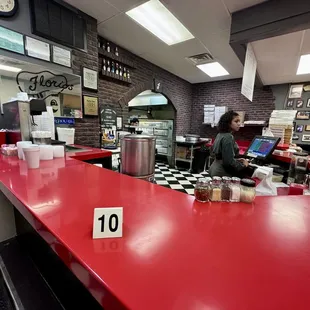 a red counter in a restaurant