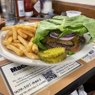 Lettuce wrapped cheeseburger &amp; fries