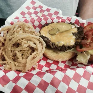 Cheeseburger and onion rings