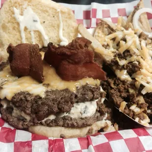 The &quot;Bomb&quot; Burger and chili cheese fries, tons of food.