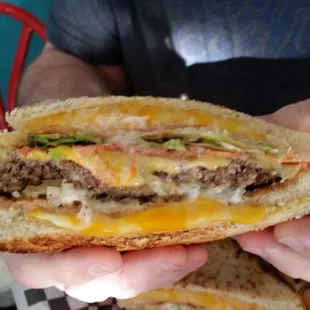 Stuffed Crust Burger-Grilled cheese sandwiches for the bun!