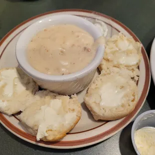 Biscuits and thick gravy on the side, buttered!