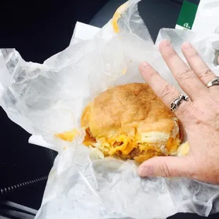 Fried tenderloin and hoop cheese on a &quot;cathead&quot; biscuit. It&apos;s huge