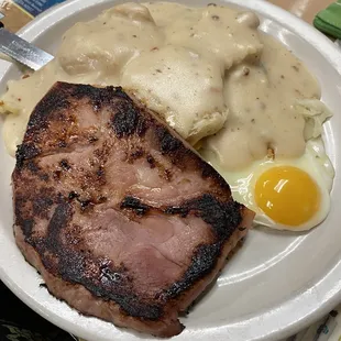 Ham-steak, eggs biscuits and gravy