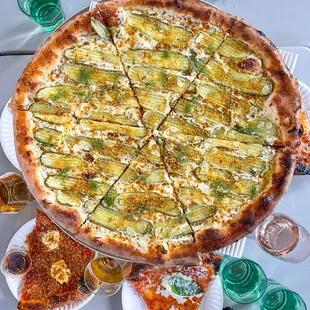 Pickle pizza (whole), straciatella slice, tomato tomato slice