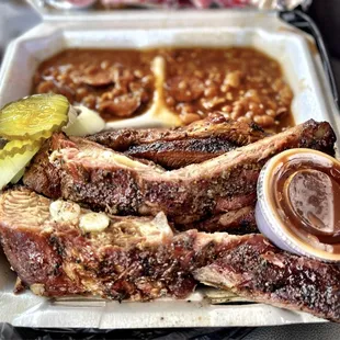 2 meat combo, Ribs and Brisket, with double Beans.