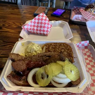 Brisket, Ribs, sausage, beans and Potato Salad