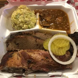 2 meat plate with ribs and brisket, potato salad and beans