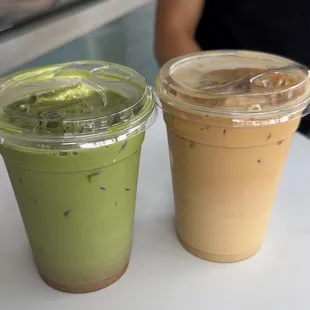 iced matcha latte (with raspberry) and iced vanilla latte