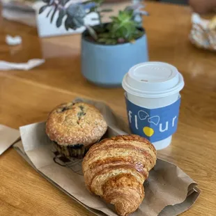 croissant, blueberry muffin, coffee