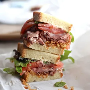 Roast beef sandwich ($11.50) - horseradish mayo, crispy onions, tomato, focaccia bread