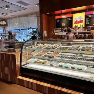 a display of doughnuts in a bakery