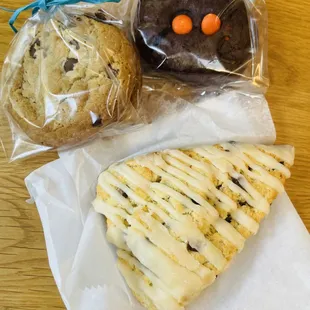 Chocolate chip cookies; chocolate Reese&apos;s cookies (cookies come n 2-pk); cinnamon chip scone