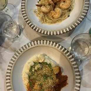 Tye dye gnocchi and shrimp spaghetti