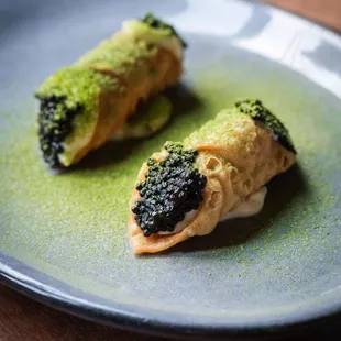 Caviar cannolis--one of the first bites of our pasta tasting menu.