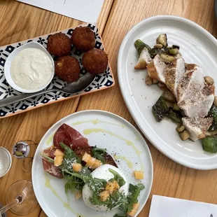 Croquettes, hamachi, burrata