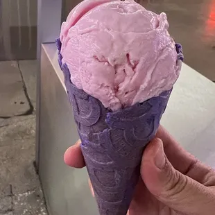 Honey rose ice cream in lavender cone