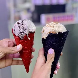 Red Velvet and Midnight Vanilla Waffle Cones with cookie butter ice cream and Oreo&apos;s in cereal milk ice cream