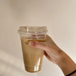 Sweater Weather white chocolate+pumpkin pie espresso+cinnamon powder iced with oat milk. Delicious