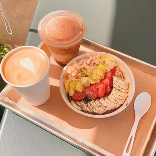 hot latte, iced almond milk latte, &amp; original açaí bowl