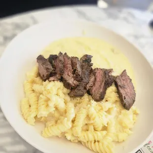 Steak with mashed potatoes and gluten-free mac and cheese (you&apos;d never know it was gluten free if I didn&apos;t tell you!)