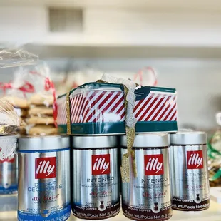 a variety of tins on a shelf
