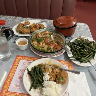 Shrimp with lobster sauce, spicy green beans, salt and pepper chicken - all really good!