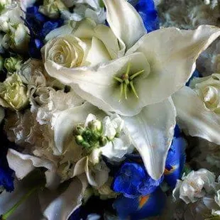 Blue and white wedding bouquet close up