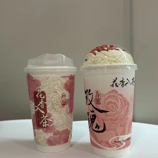 Peach Oolong Tea w. boba and Dragon Well Tea w. Fresh Milk Cream