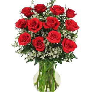 Show your love, passion, and gratitude with a dozen red roses. Accented with white filler flowers - this arrangement is full of love!!!