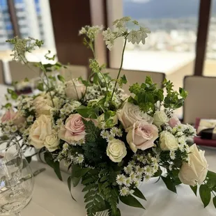 Long low floral arrangement - beautiful!